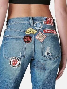 Lucky Brand The Rolling Stones Patchwork Boyfriend Flare Jeans Distressed Blue 6